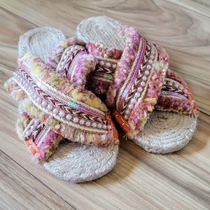 Boutique Criss Cross Fringe Hemp Sequin Pearl Rope Espadrille Rainbow Slides